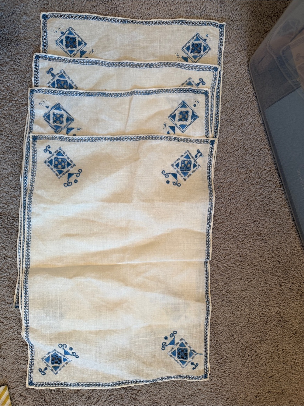 Vintage Embroidered Blue & Cream Linen Placemat Set - Set of 4